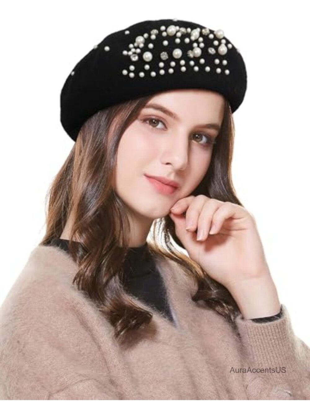 French Beret with Pearls & Rhinestones Wool Blend Beanie Hat for Women